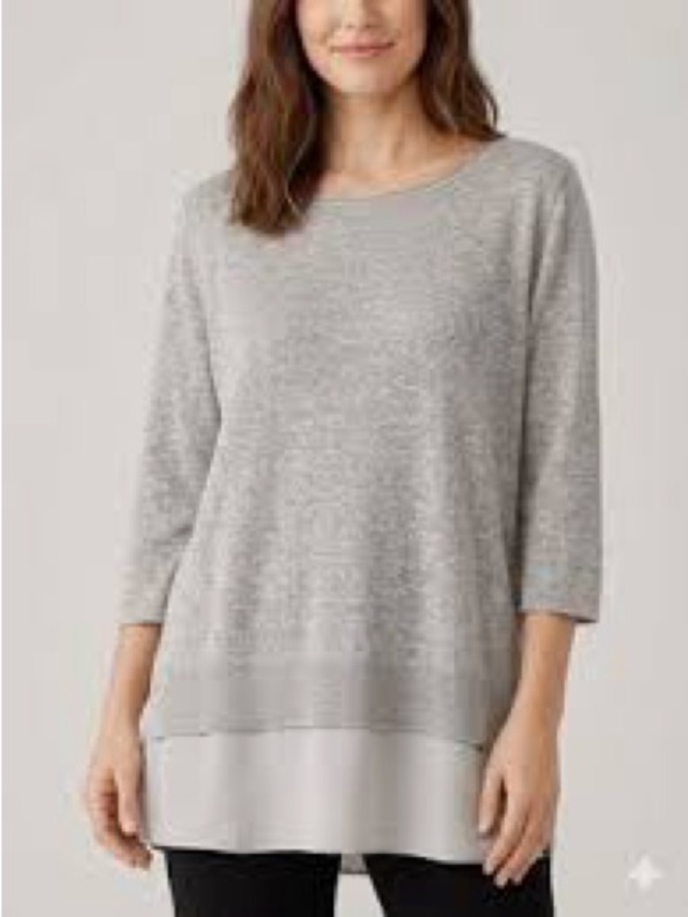 Eileen Fisher Gray Layered-Hem Scoop Neck Sweater